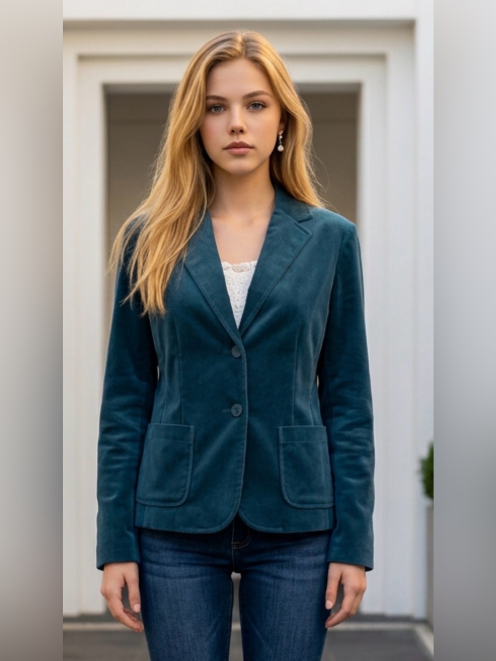 GAP Teal Velvet Two-Button Blazer